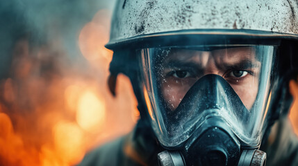 Fototapeta premium Man in protective mask against fire background. Emergency response