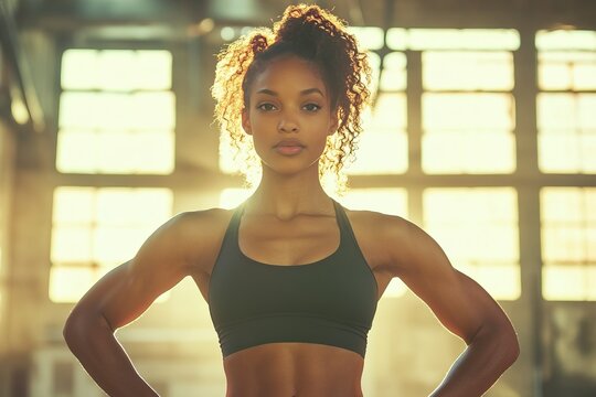 Confident athlete poses in workout attire, illuminated by sunlight in modern gym setting during early morning.