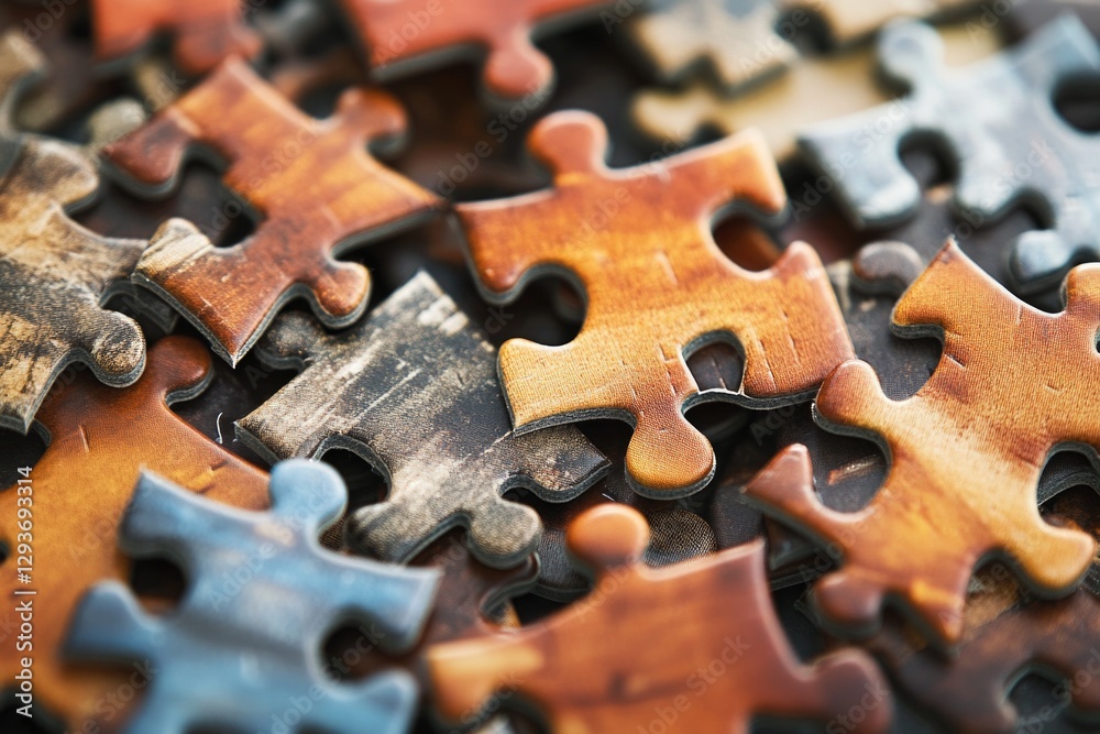 Poster a collection of puzzle pieces arranged on a table, suitable for educational or creative projects