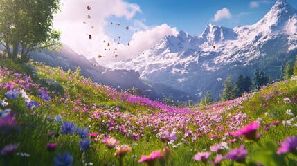 Obraz premium Alpine Meadow Springtime Bloom with Majestic Mountain backdrop