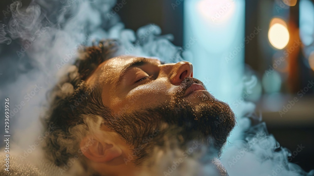 Aufkleber a man with a beard is immersed in steam, eyes closed, seemingly in a peaceful state of relaxation, s