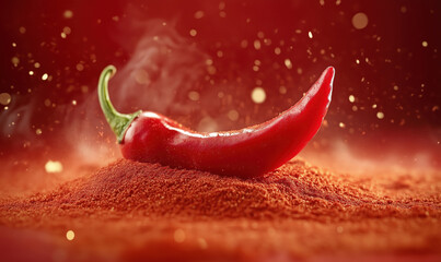 Red chili pepper with steam on spice powder background. Culinary heat and flavor