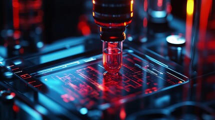 Futuristic Laboratory Red Liquid Sample Analysis Science Technology Medical Research Digital Interface Advanced Technology Modern Equipment High Tech 