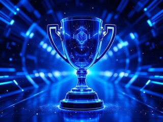 Futuristic Trophy Cup Victory Symbol of Achievement in Glowing Blue Digital Environment