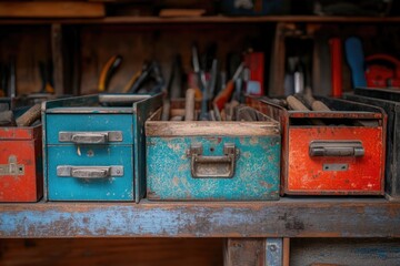 Boxes stacked on a wooden table, perfect for storage or display