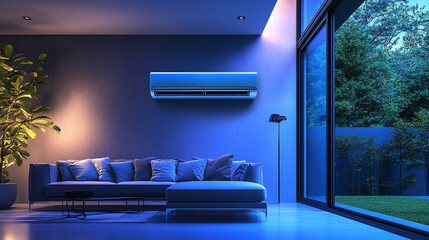 Modern living room with an air conditioning unit mounted on the wall, a cozy sofa, indoor plants, and large glass windows leading to a lush garden, symbolizing relaxation and comfort.