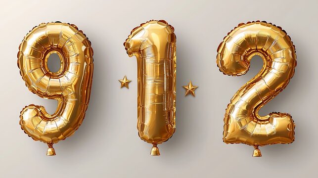 Golden balloons of 912 and stars on neutral beige background, celebrating an anniversary