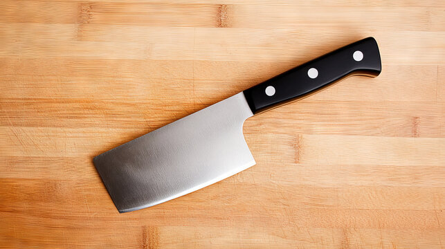 A sturdy butcher knife with a black handle and silver rivets is positioned on a clean wooden cutting board, showcasing its sharpness and professional design, perfect for culinary tasks