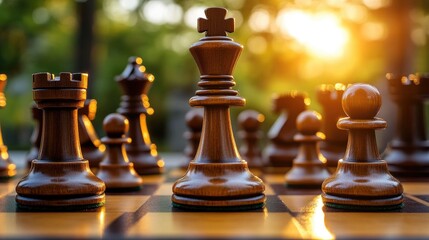 A set of chess pieces arranged on a classic chess board