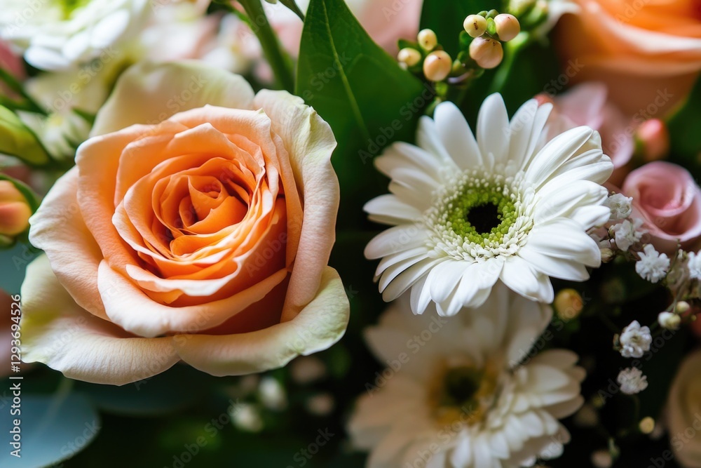 Poster A detailed view of a colorful bouquet of fresh flowers, suitable for use in various contexts such as gifts, events or photography