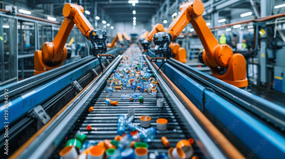 Aufkleber robotic arms work efficiently on a conveyor belt, sorting plastic waste in a recycling plant. the fa