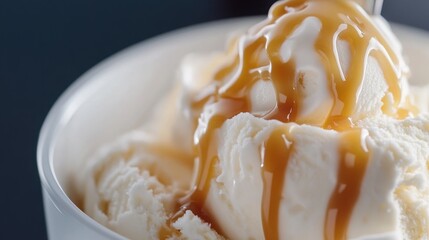 Creamy ice cream with caramel topping dripping down . 