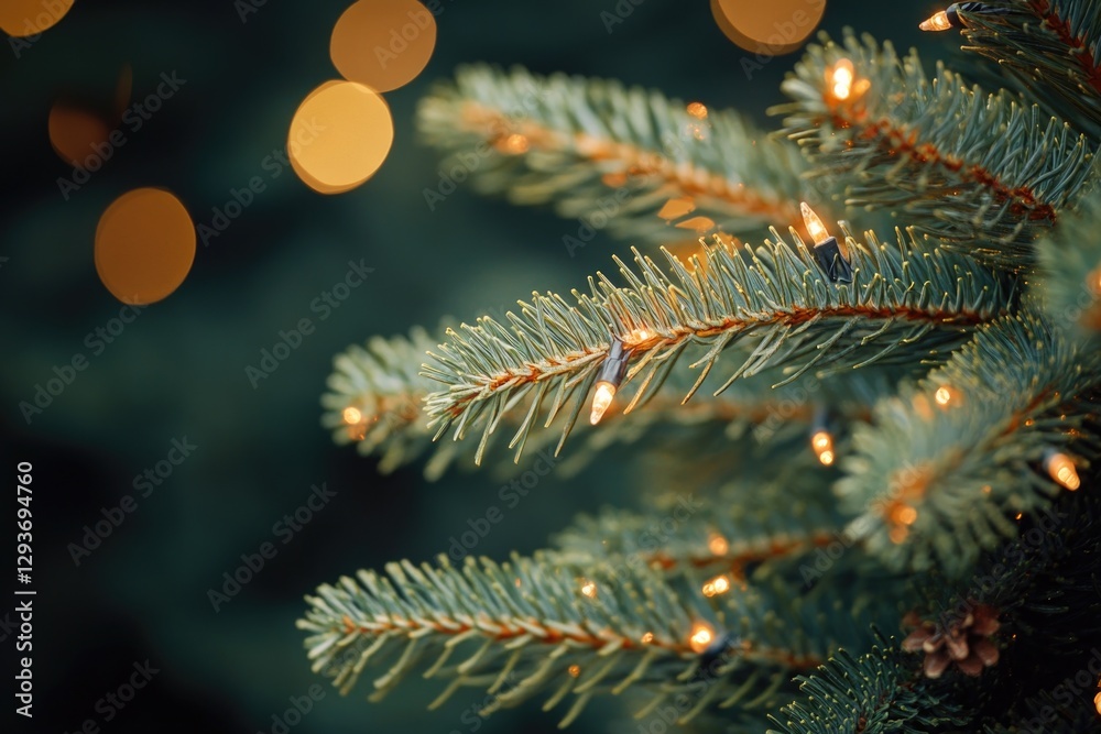 Poster close-up shot of a pine tree with string lights in the background, perfect for festive or winter-the