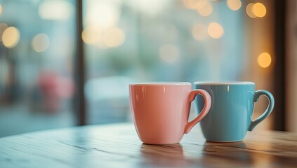 Obraz premium Two pastel coffee cups on wooden table cafe window