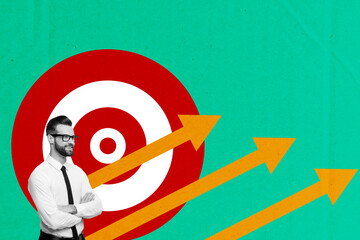 Sketch composite 3D photo collage trend artwork of young businessman success stand arrow graphics...