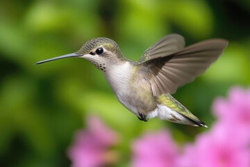Fototapeta premium A hummingbird in mid-air with its wings fully extended, perfect for illustrating speed and agility
