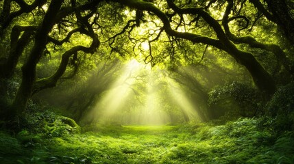 Obraz premium Whimsical fairytale forest bathed in magical dappled light, dreamy atmosphere.