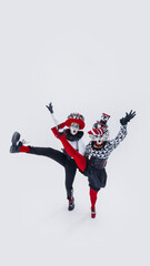 Energetic circus duo executing synchronized high kicks, radiating joy and dynamic movement against...