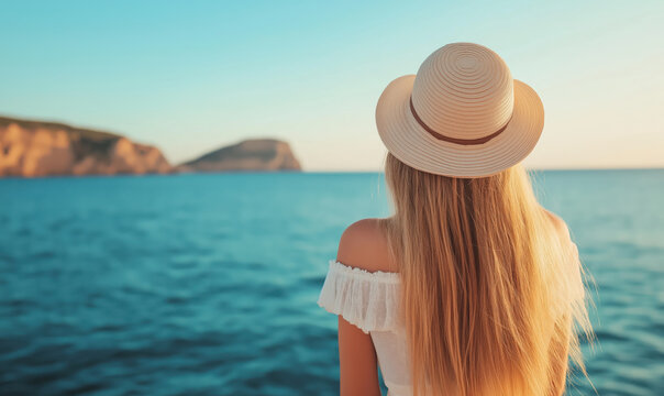 Woman in white dress and straw hat against blue sea. Summer wanderlust concept