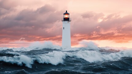 A serene lighthouse stands tall amidst turbulent waves, illuminated by a glowing light against a dramatic sunset backdrop.