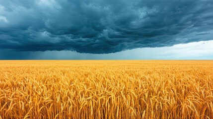 Naklejka premium A vast golden wheat field under a dramatic, cloudy sky, indicating an approaching storm.