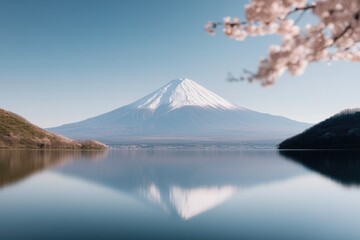 Majestic mountain with snow cap reflecting in serene lake, frame