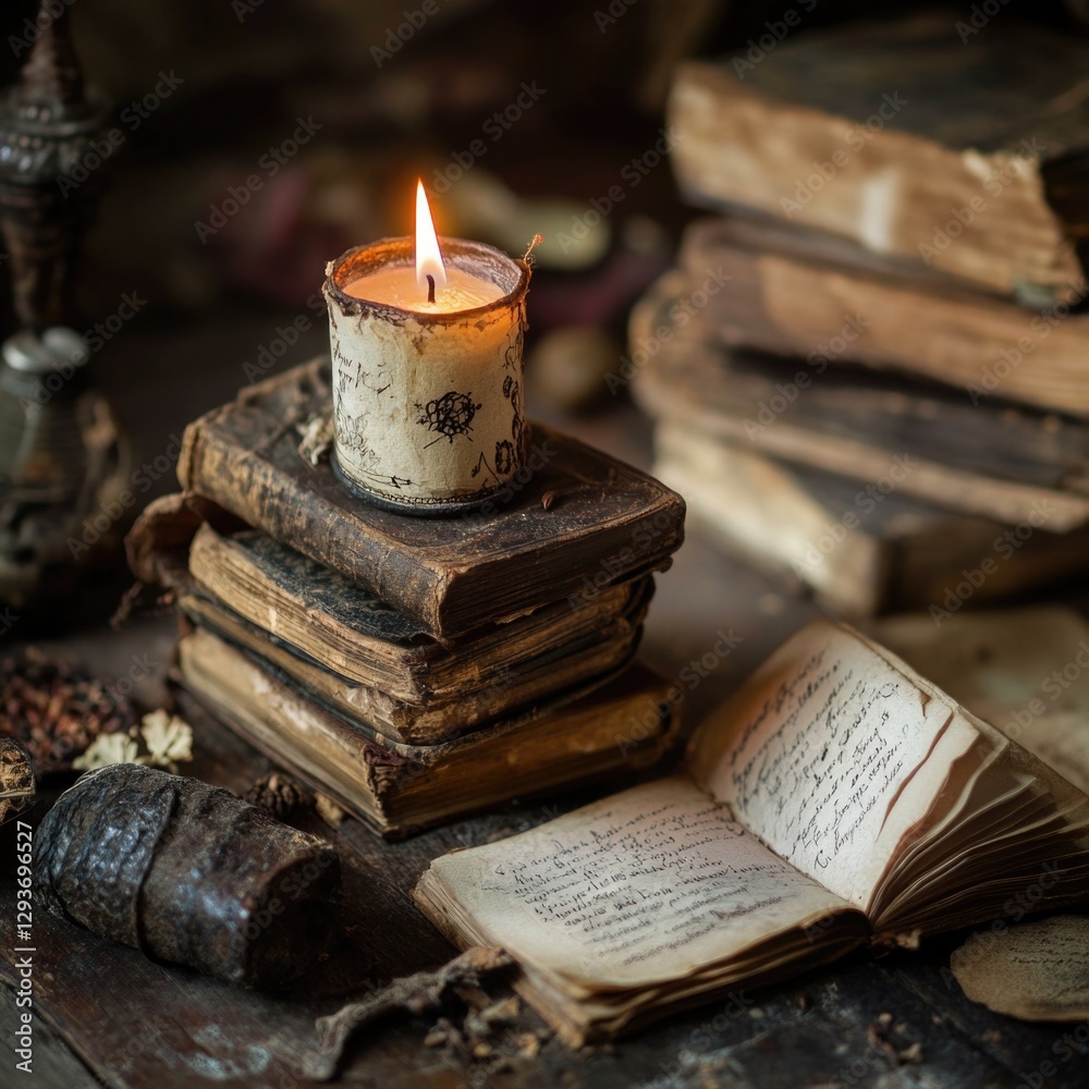 Poster a single candle sits on top of a stack of books, providing soft light