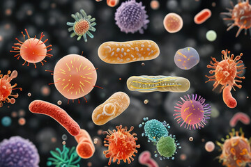 Microscopic organisms. Microbes, bacteria and viruses surround us everywhere, on a black background