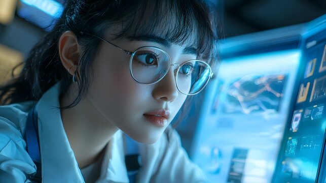 Focused Young Woman Working on Technology in a Modern Office
