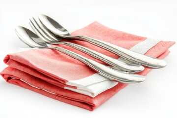 A collection of silverware placed on a vibrant red napkin, perfect for a formal dinner or special occasion