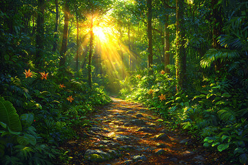 Obraz premium Sunlit path through lush, vibrant rainforest. Orange flowers bloom along a stone trail bathed in golden light. Perfect for travel, nature, adventure, or tranquility themes.