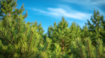 Lush green pine branches under a clear blue sky at midday in a vibrant forest setting. Generative AI