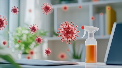 Sanitizing spray attacking airborne virus particles.