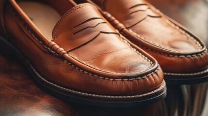 A detailed view of a pair of brown shoes with laces and soles