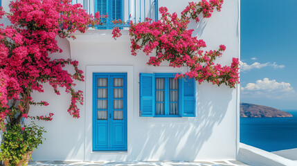 Vibrant bougainvillea adorns a charming white house with blue accents overlooking the sea in a picturesque coastal village. Generative AI
