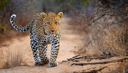 Vigilant leopard prowling Kruger Parks sunlit savannah, a majestic silhouette amidst golden grasses, capturing the raw energy and beauty of South Africas wild heart.