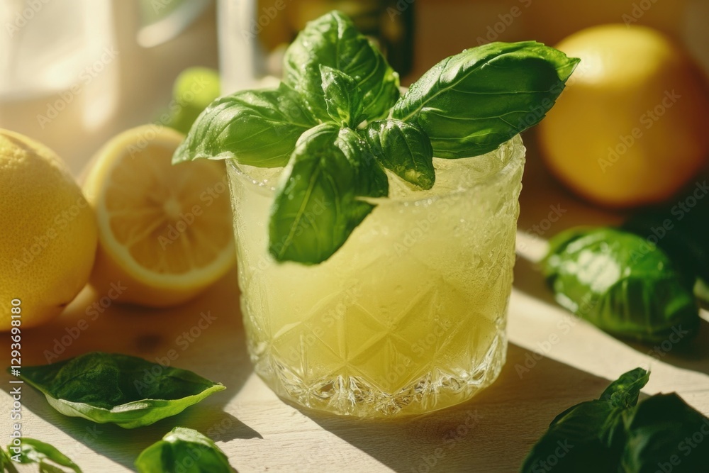 Poster freshly squeezed lemonade served with a sprig of fragrant basil, perfect for warm weather or outdoor