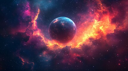 Obraz premium Colorful space scene with a large planet in the center. The planet is surrounded by a cloud of orange and red gas, giving the impression of a fiery explosion