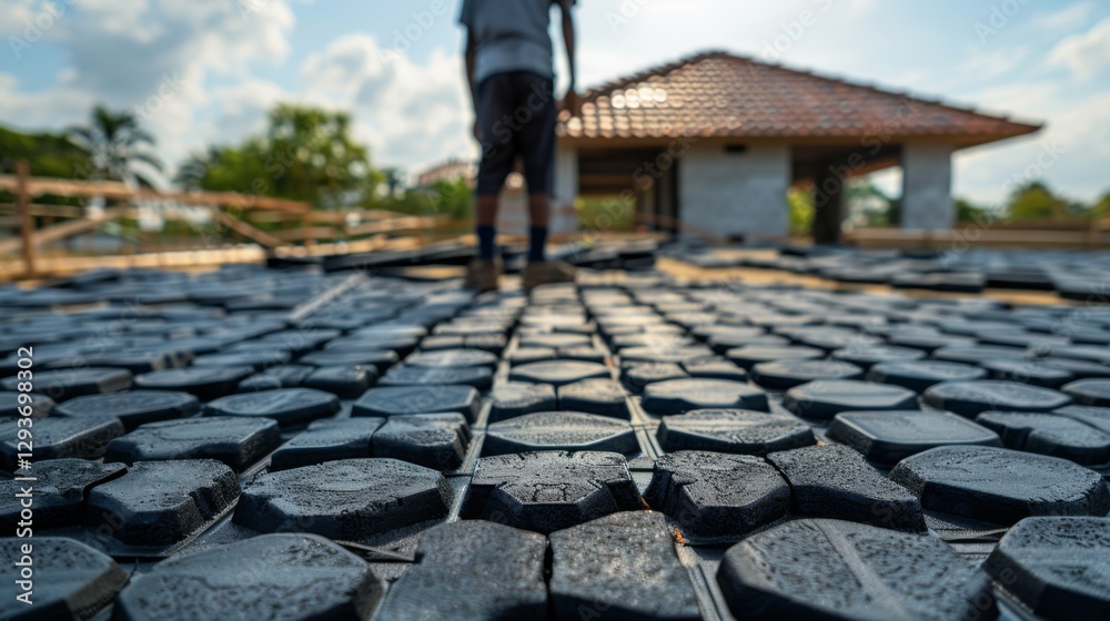 Poster a construction worker is busy laying hexagonal paving tiles on the unfinished floor of a residential