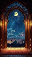 Dreamlike night an ornate window framing a starry sky