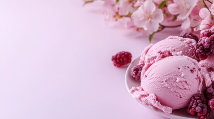 Fruit ice cream with spring flowers in the background . 