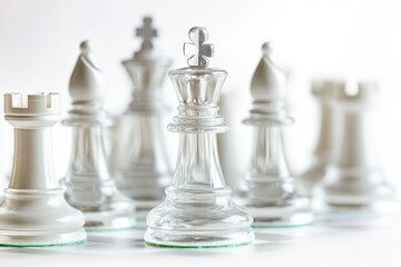 A collection of transparent glass chess pieces arranged on a white surface