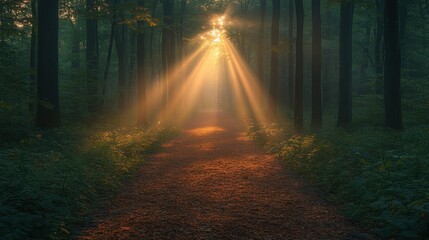 Obraz premium Sunbeams on Forest Path in Morning Mist