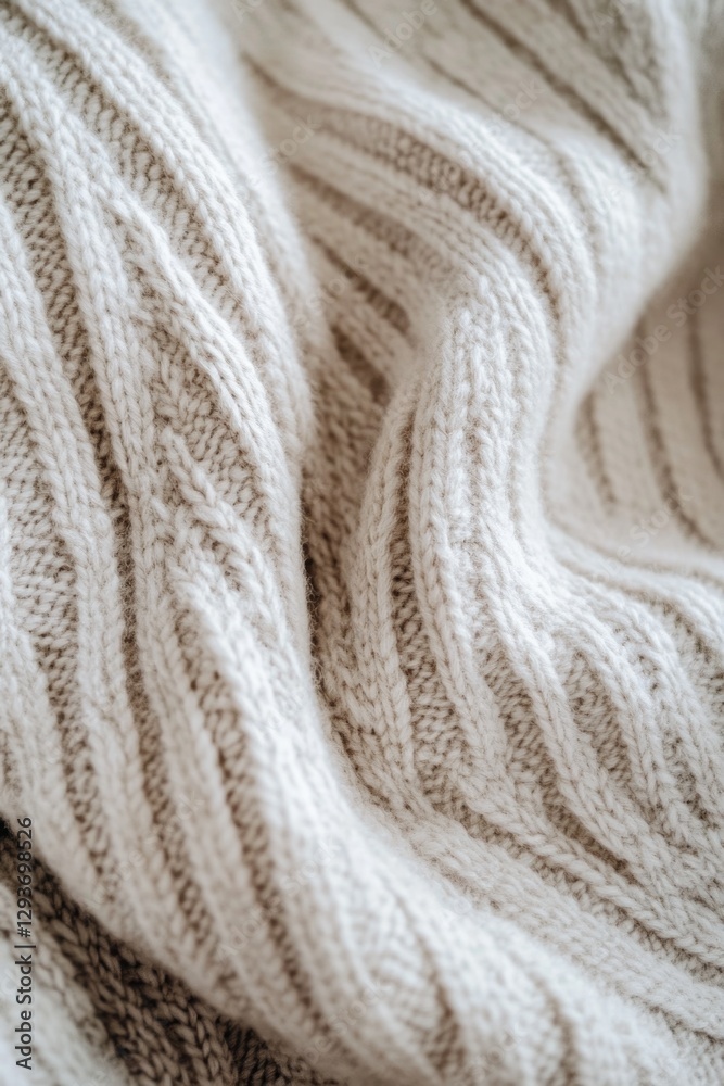 Poster a close-up shot of a white knitted blanket, perfect for showcasing texture and warmth