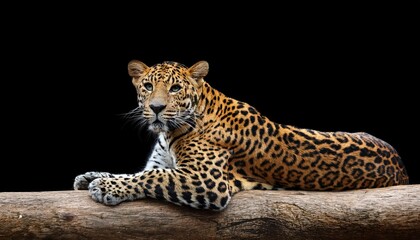 Naklejka premium Majestic Leopard Lounging in Stark Contrast, the Powerful Predator Silhouetted Against a Black Backdrop, Emanating Serene Grace and Hidden Dynamism
