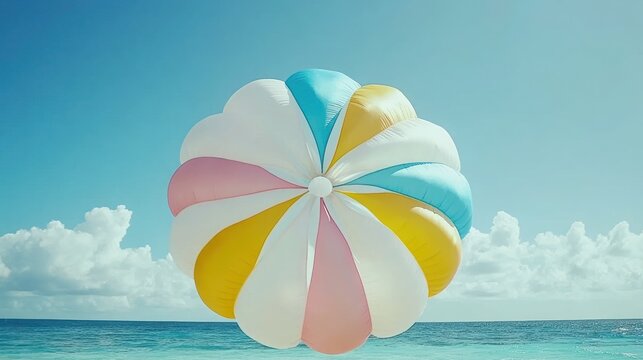 Colorful parasail floats above turquoise ocean and white clouds.