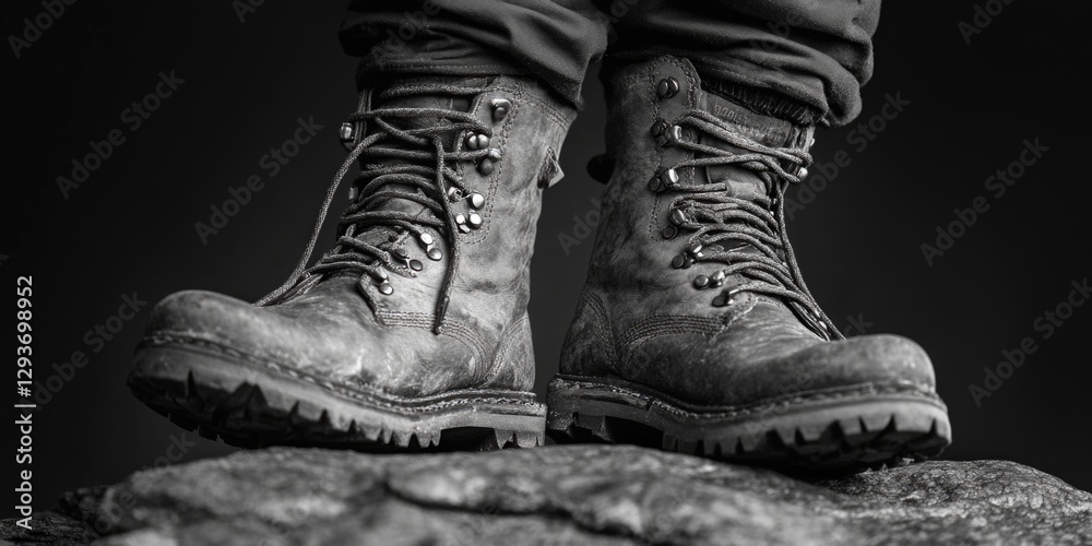 Poster a close-up shot of a pair of black and white boots, suitable for editorial or creative use