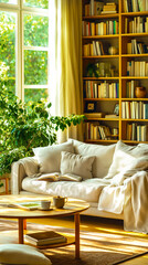 Scandinavian-style living room filled with natural light. Beige sofa, adorned with soft pillows and blanket, wooden coffee table in front, with books and cups. Bookshelf filled with books, plants