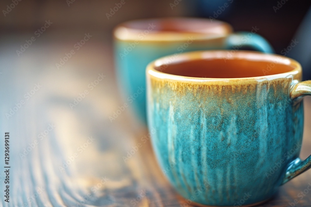 Poster a pair of cups resting on a rustic wooden table, great for outdoor or rustic-themed settings