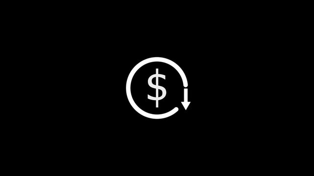 Dollar down icon symbol.Dollar price collapse. Dollar price fall.Money reduction icon. Dollar currency price drop concept. circle with down arrow moving animation.4k
